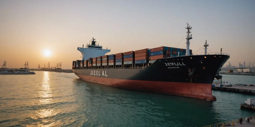 Cargo ship at Jebel Ali port during sunset